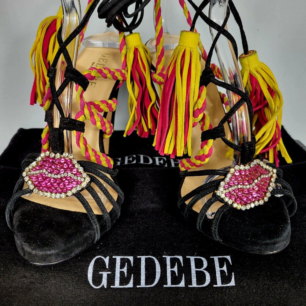 NWB~$795~GEDEBE~35.5/5~BLACK ANKLE WRAP PINK RHINESTONE LIPS HEELS SANDALS